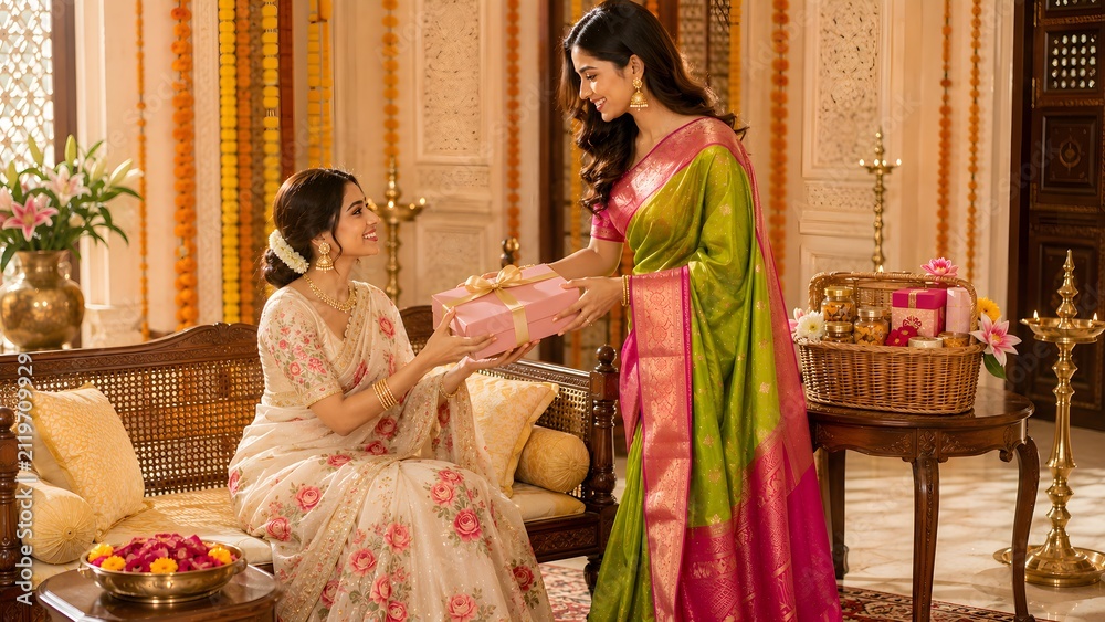 Obraz premium Indian Women Exchanging Gifts & Sweets Box - Diwali Festival Celebration Stock Photo
