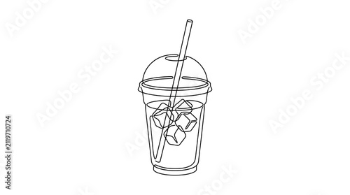 Minimalist one line drawing of a refreshing iced beverage in a plastic cup with a straw, beverage