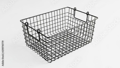 Empty rectangular black metal wire storage basket