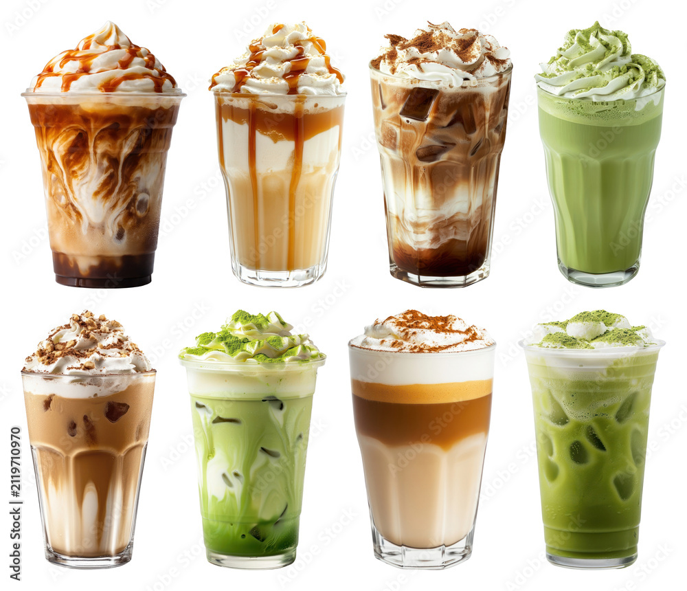 Obraz premium PNG Assorted iced coffee and matcha beverages on transparent background