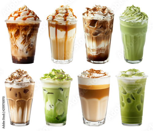 PNG Assorted iced coffee and matcha beverages on transparent background