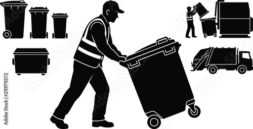 Obraz na płótnie Black vector silhouettes of waste management workers, garbage trucks, and wheeli