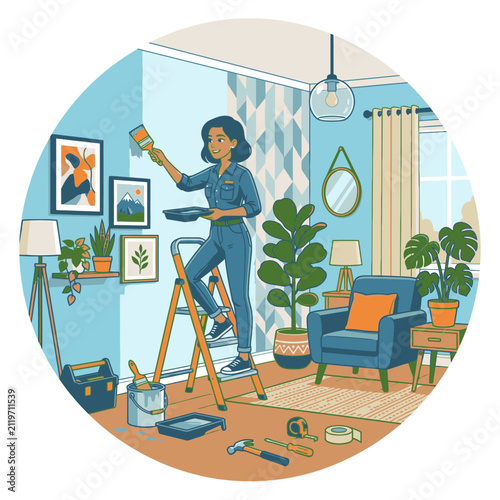 Illustration of a woman painting a living room wall while standing on a stepladder for home renovation