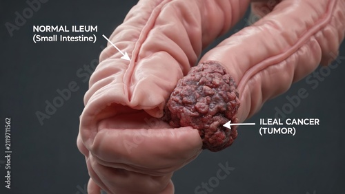 3D medical illustration of ileal cancer, malignant tumor on ileum small intestine, comparison of normal intestinal tissue and cancerous growth labeled with annotation