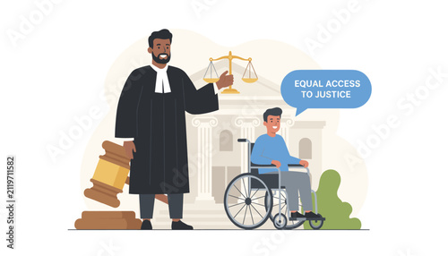 Law and equality concept presenting equal access to justice for disabled people with a judge and scales.