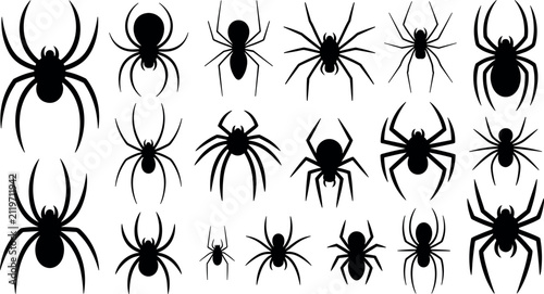 Quadro su tela Black spider silhouettes vector set with creepy arachnids for Halloween decorati