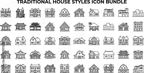 Принти на полотні Traditional House Styles Icon Bundle Black Line Art On White Background