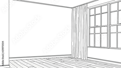 Empty room interior coloring page with hardwood floors and large window showing curtains in minimal living space for interior design and home renovation art.