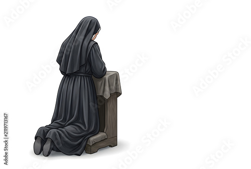 Illustration of a Catholic Nun Kneeling and Praying