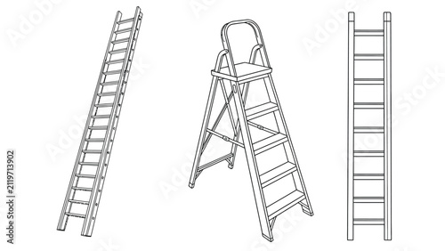 Three different types of ladders in outline vector drawing including a tall extension ladder, a step ladder, and a straight ladder.