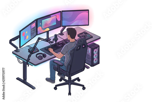 Isometric Illustration of a Gamer Streaming at a Computer Desk