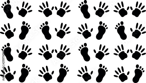 Foto Baby handprint and footprint silhouette vector collection featuring various hand and foot icons isolated on white background