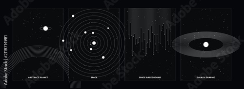 Minimalist space poster collection, abstract planet and galaxy graphic set, 4 vector cosmic backgrounds with solar system orbits and stars