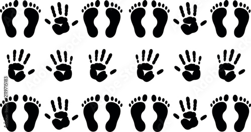 Obraz na płótnie Baby handprint and footprint silhouette vector collection featuring various hand and foot icons isolated on white background