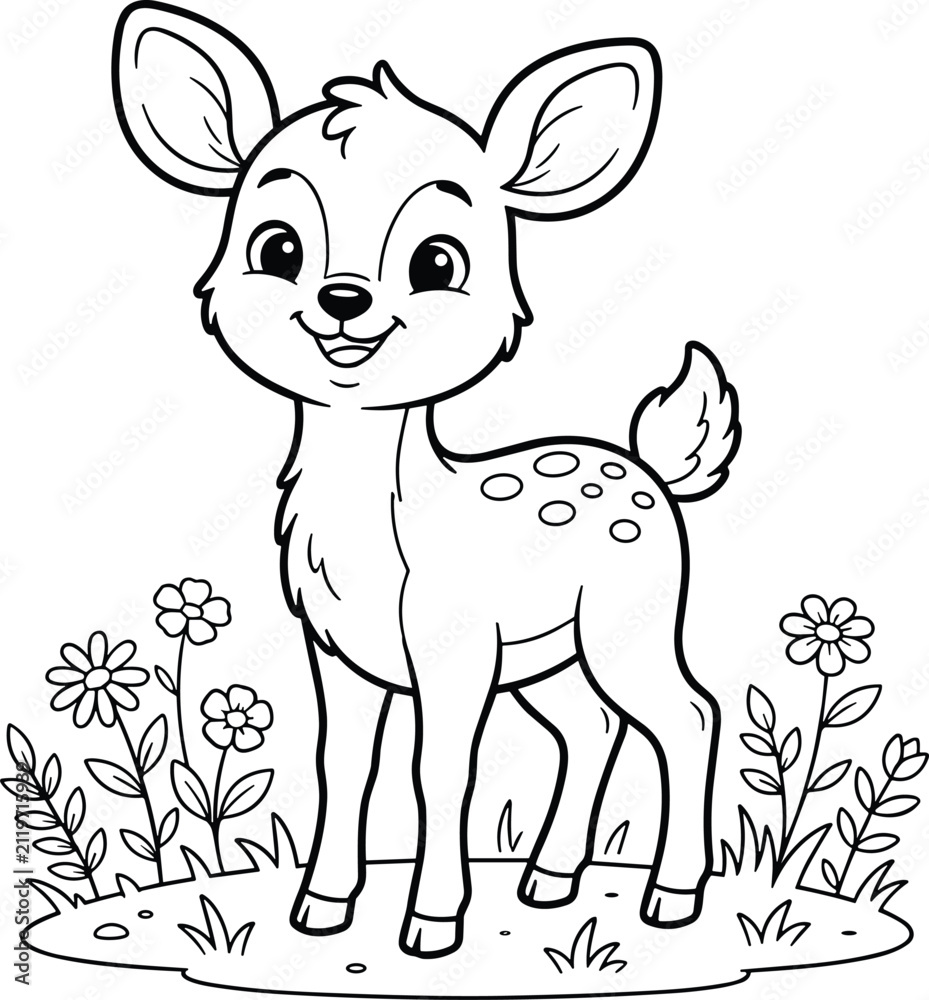 Obraz premium Cute Coloring Page Featuring a Happy Baby Deer Fawn Standing in the Grass with Beautiful Flowers for Kids Activity Books and Education