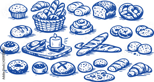 Breakfast hot drink jam toast berry in a naive hand-drawn vignetting doodle style, featuring a simple cup, cinnamon bun, pastry, bread, and widener details for warm cosy morning cafe menus and prints.
