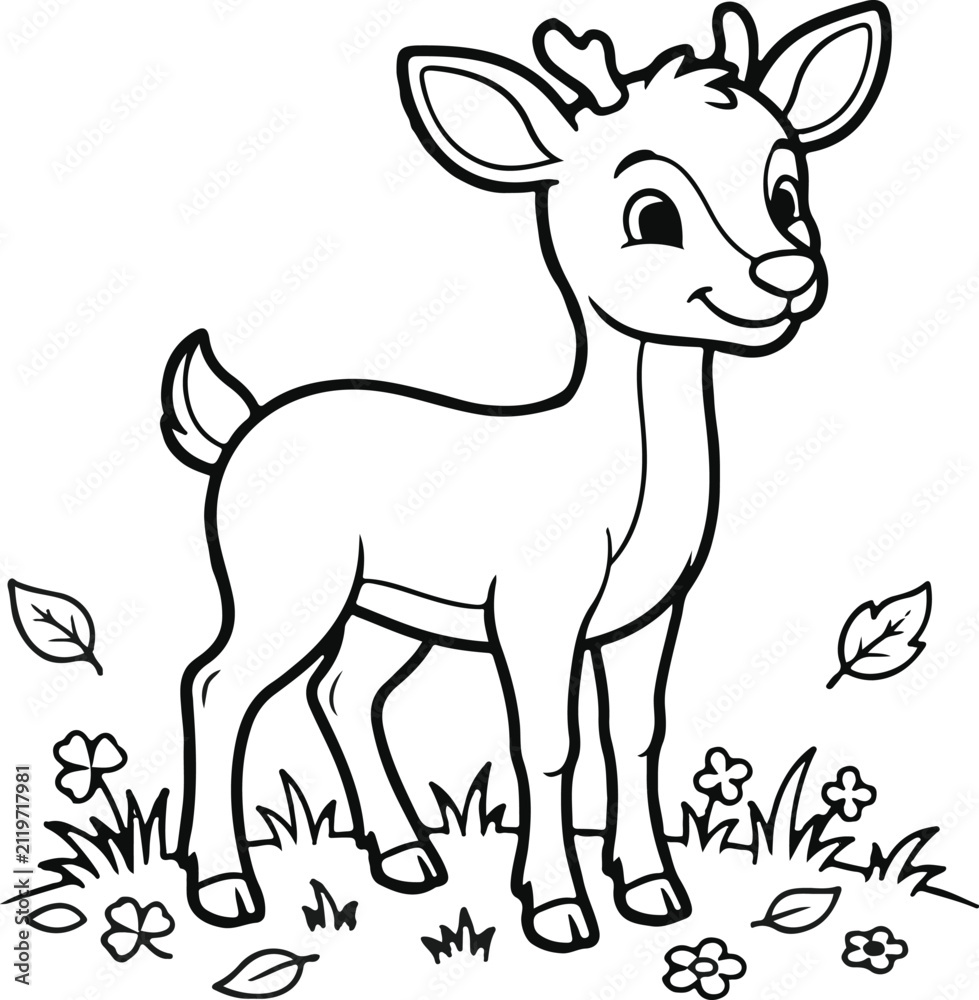 Fototapeta premium Cartoon deer standing on grass with flowers Vector