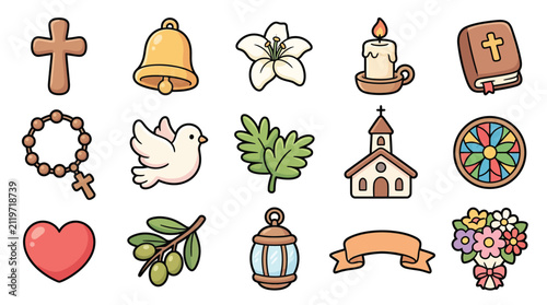 Foto A collection of religious and symbolic icons representing faith, spirituality, and important life events