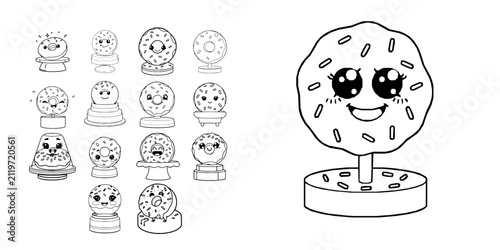 Canvas Print Smiling Cartoon Donut Display Stand With Sprinkles Simple Coloring Book Line Art