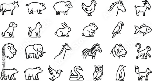 Photography Farm and Wild Animal Icon Set with Cow, Pig, Sheep, Dog, Cat, Lion, Elephant, Ow