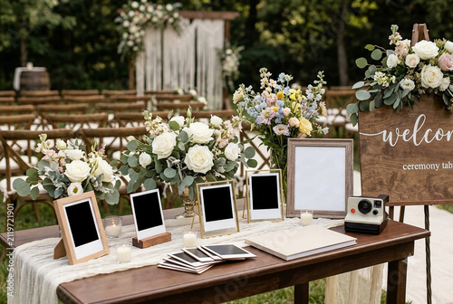 Beautiful Wedding Entrance Decoration with Blank Signage Mockup