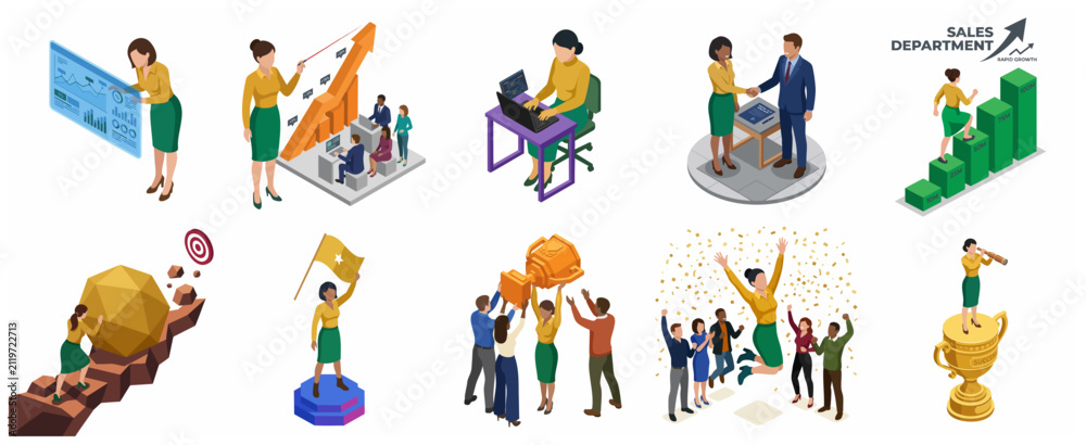 Fototapeta premium Business Success and Sales Growth Isometric Vector Illustration Collection Featuring Teamwork and Leadership Concepts