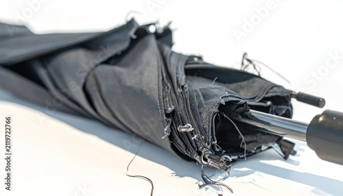Closed black umbrella resting on a bright white surface.