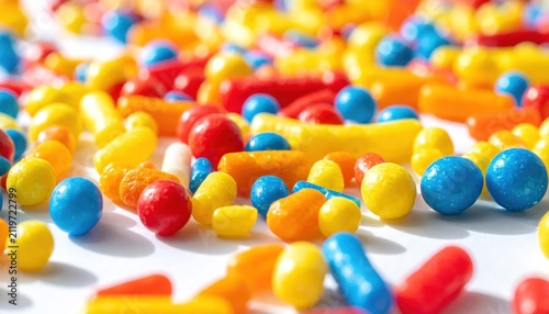 Colorful candy sprinkles and small round sugar balls background.