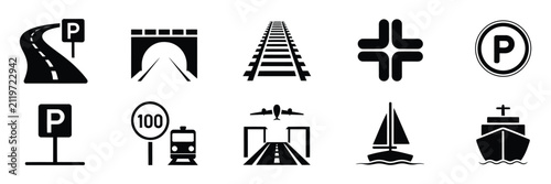 Transport Infrastructure Icon Collection Featuring Road, Bridge, Tunnel, Railway Junction, Roundabout, Parking, Navigation, and Traffic Symbols