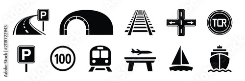 Transport Infrastructure Vector Icon Set with Road Network, Bridge, Tunnel, Railway, Parking, Navigation, and Traffic System Symbols