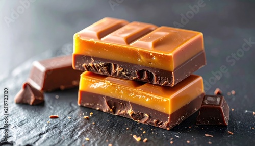 Delicious layered caramel and dark chocolate bars on a dark stone background.