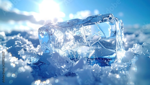 Clear ice block resting on snow under bright winter sun.