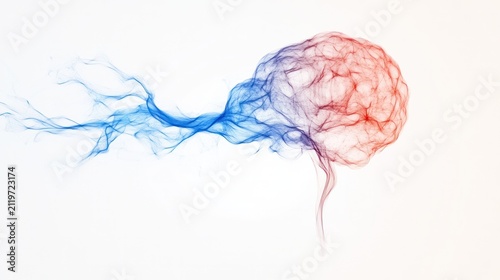 Brain's Mystical Flow: An abstract visualization of a human brain, rendered in swirling hues of red and blue smoke, suggesting thoughts, ideas, or energy emanating outwards.
