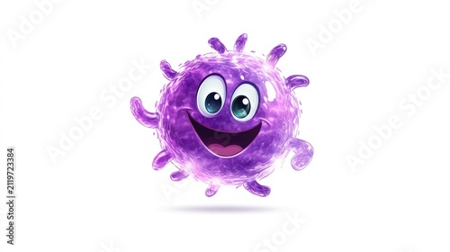 Joyful Purple Microbe: A cute and friendly purple microbe character with a wide smile and big eyes, waving one of its many arms, ready to infect the world with fun!