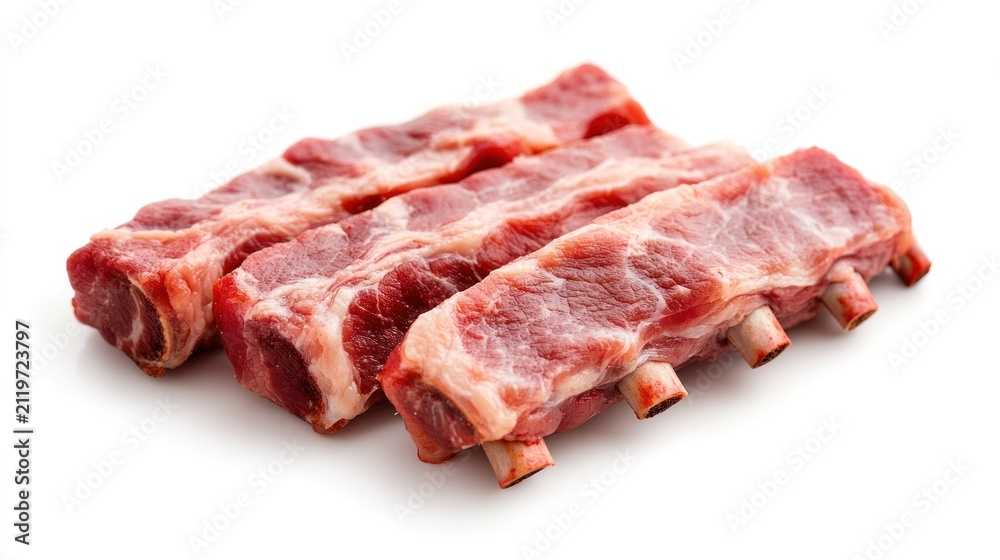 Fototapeta premium Pork Ribs Ready for the Grill: A close-up shot showcases three uncooked pork ribs, glistening with marbling, presented on a stark white background.