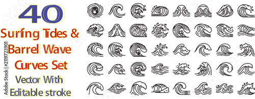 Bild auf Leinwand 40 surfing tides barrel wave curves set vector with editable stroke