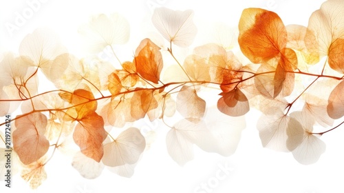 Ethereal Autumn Leaves: Delicate branches adorned with translucent, golden-hued autumn leaves, creating a soft, dreamy, and abstract visual.