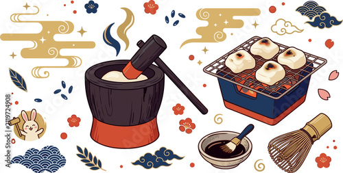 Photography Japanese New Year Mochitsuki Design Set with Traditional Pounding Mortar Grilled