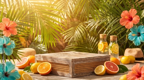 Tropical summer product display podium with palm leaves, hibiscus flowers and fresh citrus fruits