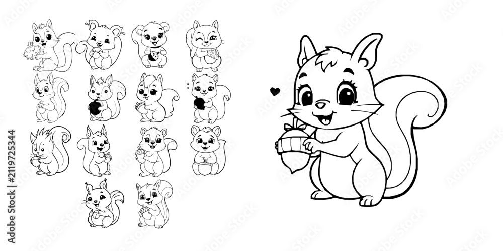 Obraz premium Smiling Cartoon Squirrel Holding An Acorn Coloring Page