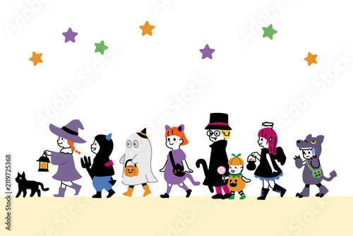 ハロウィンで仮装をした笑顔の子供たち・カラフルなベクターイラスト