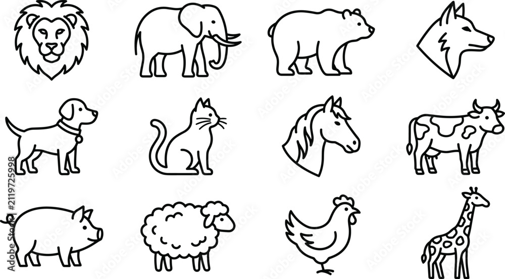 Obraz premium Wild and Farm Animal Icon Set with Lion, Elephant, Bear, Wolf, Dog, Cat, Horse, Cow, Pig, and Sheep Symbols