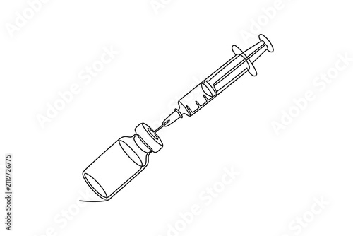 Continuous line drawing of a medical syringe and vaccine vial.
