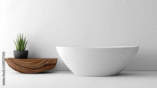 Minimalist white bathroom interior with modern tub and decorative elements