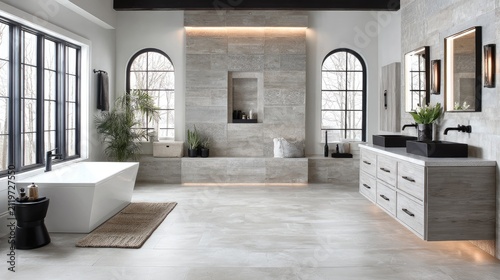 Modern bathroom interior with bathtub sink windows and decorative elements