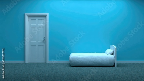 Minimalist bedroom interior with door and bed against blue wall