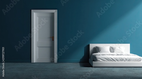 Minimalist bedroom interior with blue wall door and bed with soft sunlight