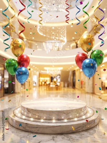 Grand opening celebration with marble pedestal and balloons in a luxury department store atrium.
