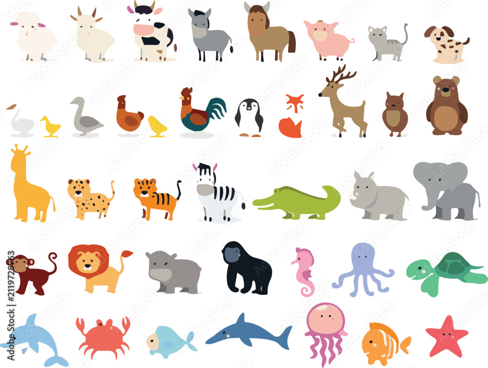Fototapeta premium Cute Animal Vector Set, Farm Wild and Sea Animal Characters Collection with Birds Fish and Mammals for Kids Design