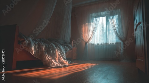 Bedroom interior with bed curtains and sunlight through window
